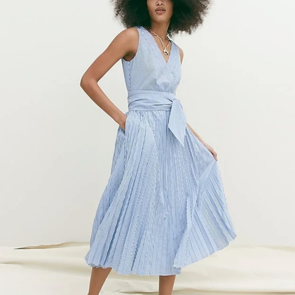 J.Crew Pleated V-neck Dress in Strip Size Small
